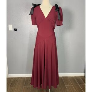 Ciela Bow Puff Sleeve Midi Dress, Burgundy, M